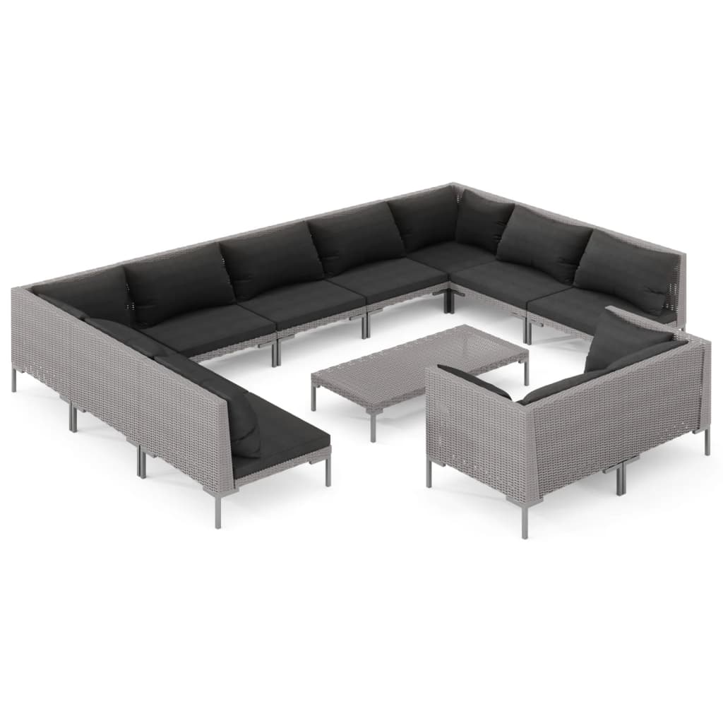 12-delige Loungeset met kussens poly rattan donkergrijs