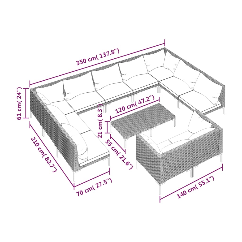 12-delige Loungeset met kussens poly rattan donkergrijs