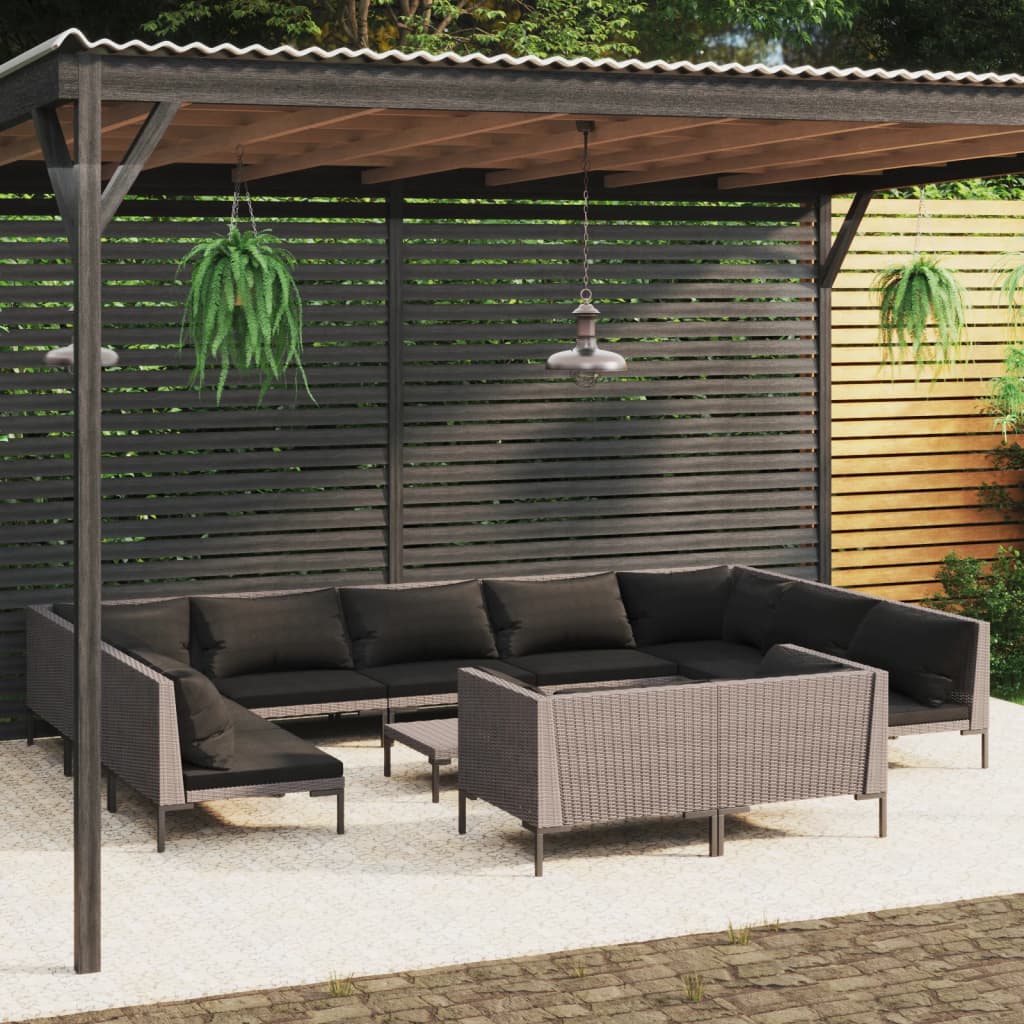 12-delige Loungeset met kussens poly rattan donkergrijs