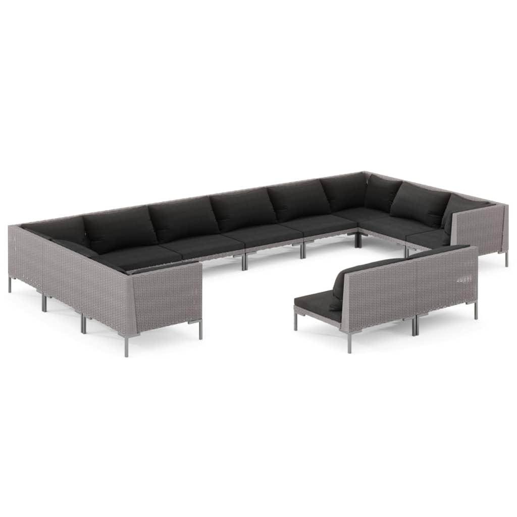 12-delige Loungeset met kussens poly rattan donkergrijs