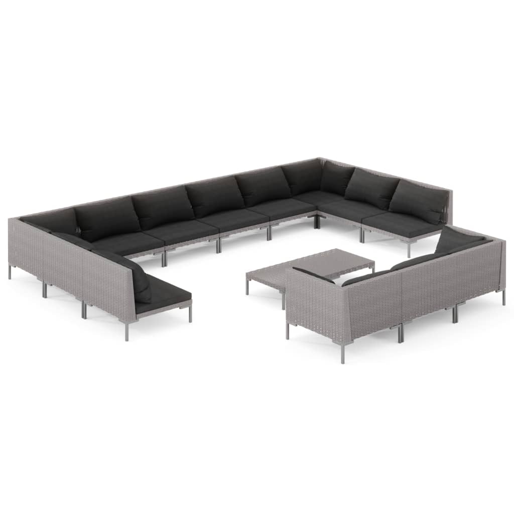 12-delige Loungeset met kussens poly rattan donkergrijs