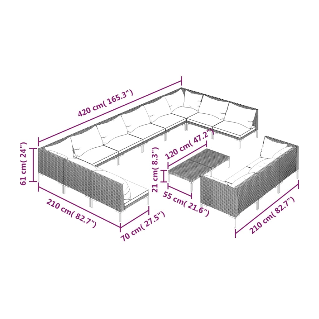 12-delige Loungeset met kussens poly rattan donkergrijs