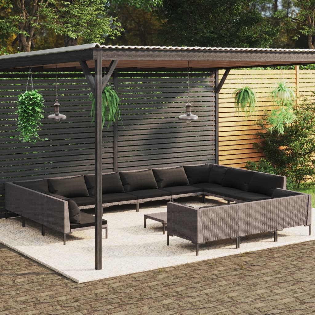 12-delige Loungeset met kussens poly rattan donkergrijs