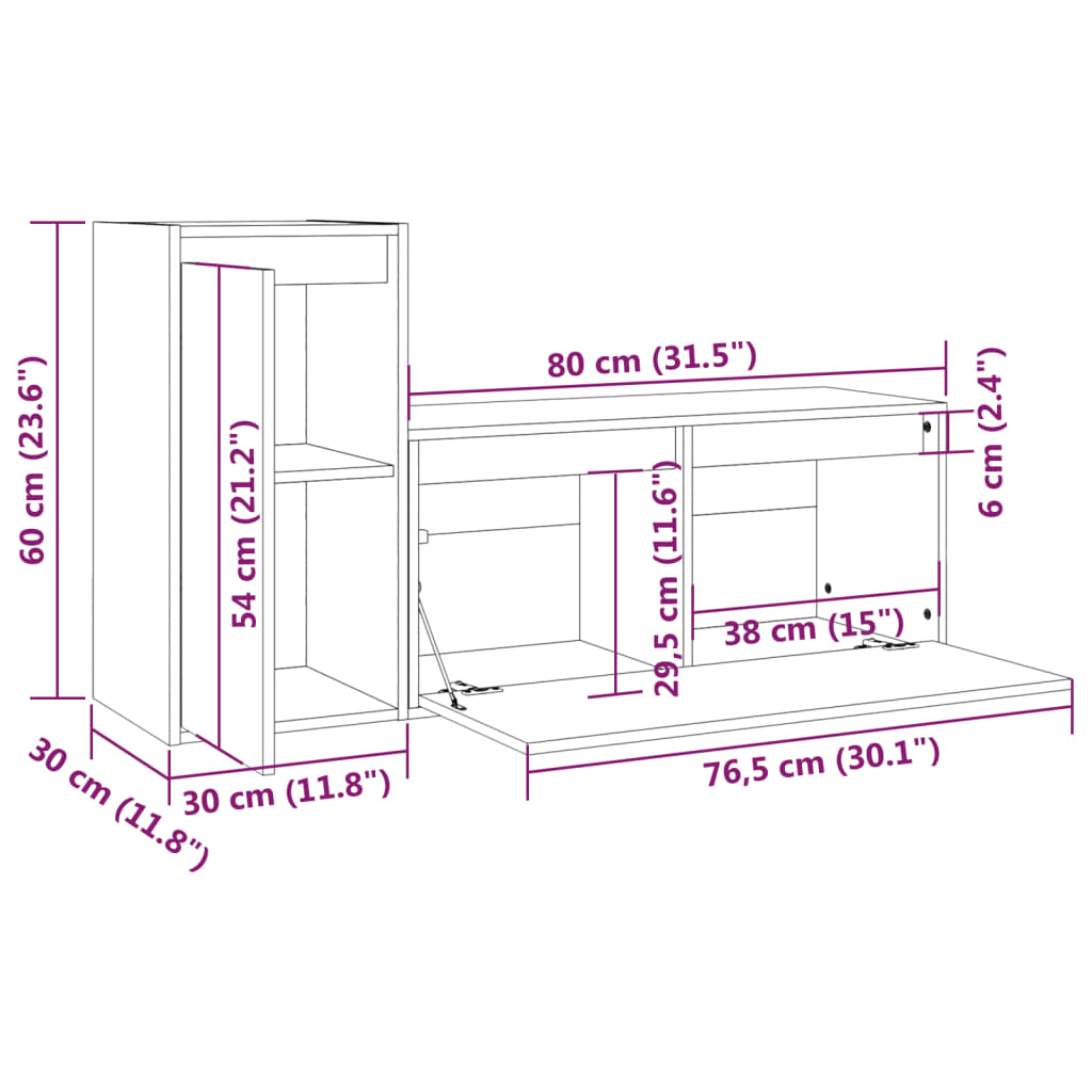 Meuble TV 2 pcs en bois de pin massif