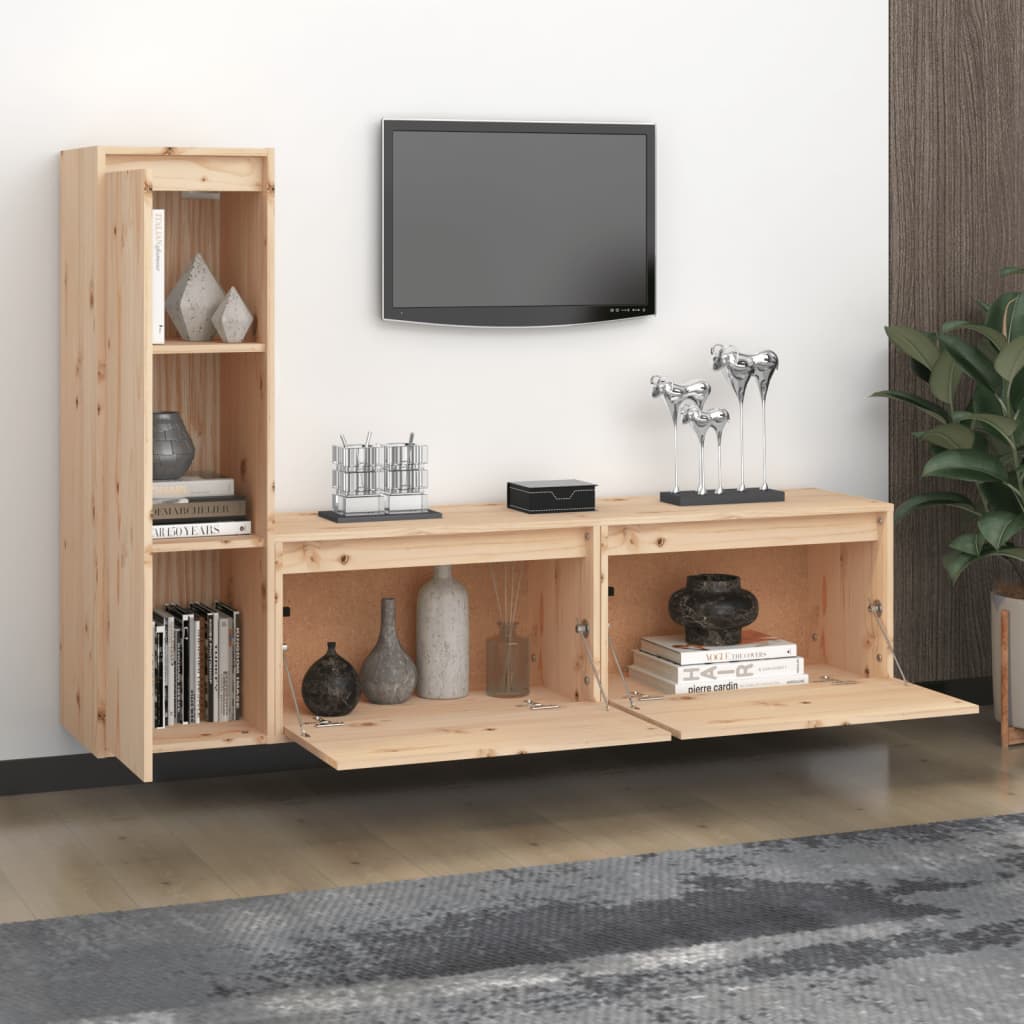 Meuble TV 3 pcs en bois de pin massif