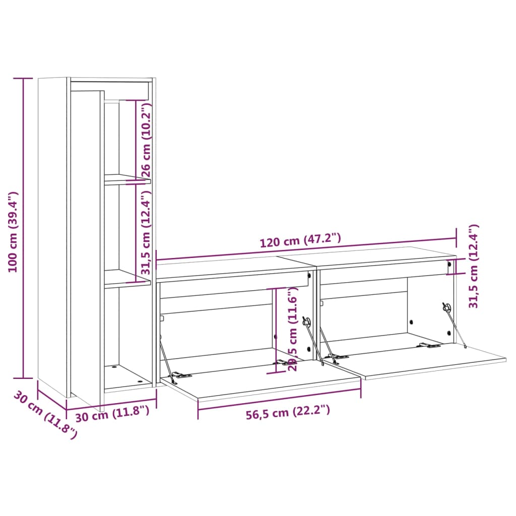 Meuble TV 3 pcs en bois de pin massif