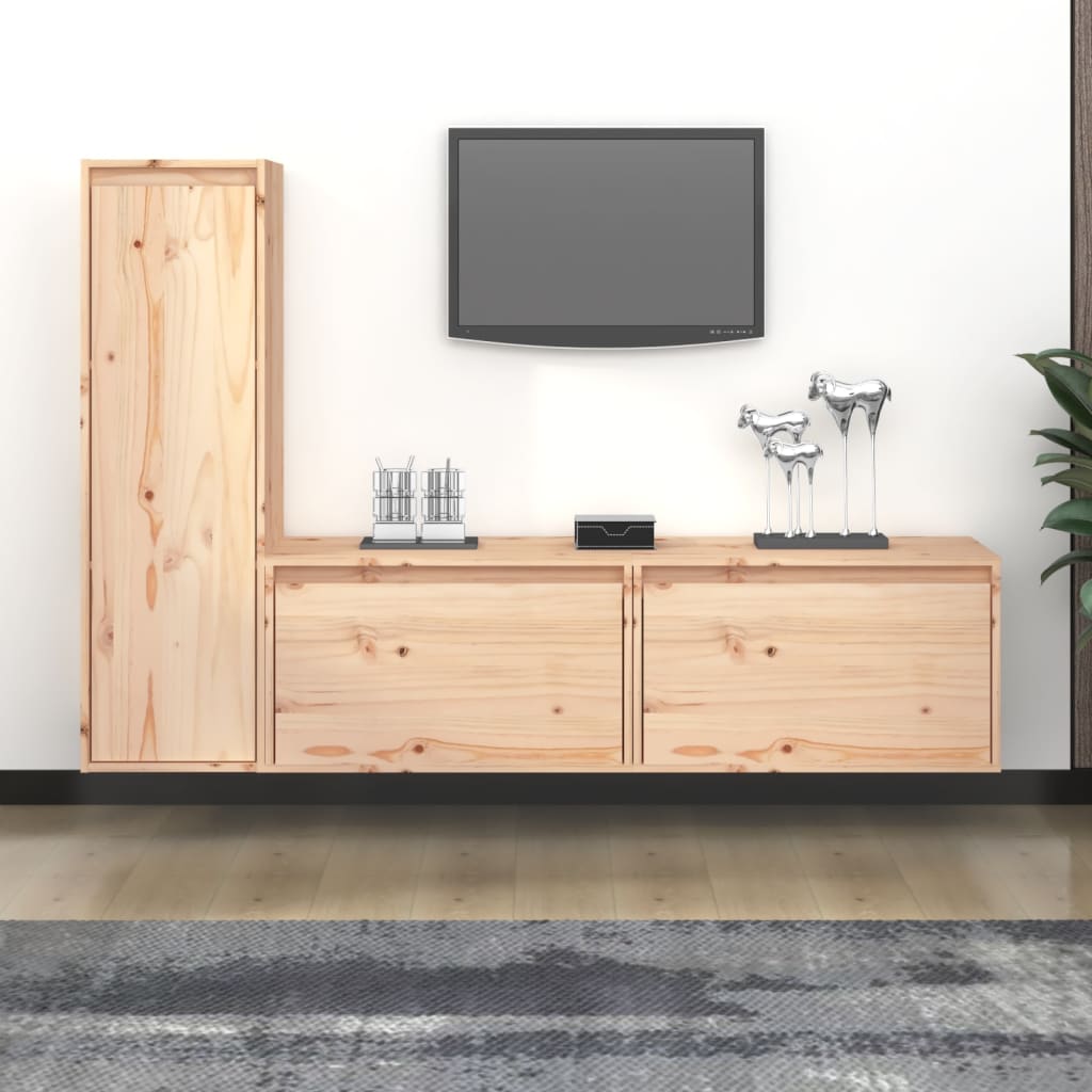 Meuble TV 3 pcs en bois de pin massif