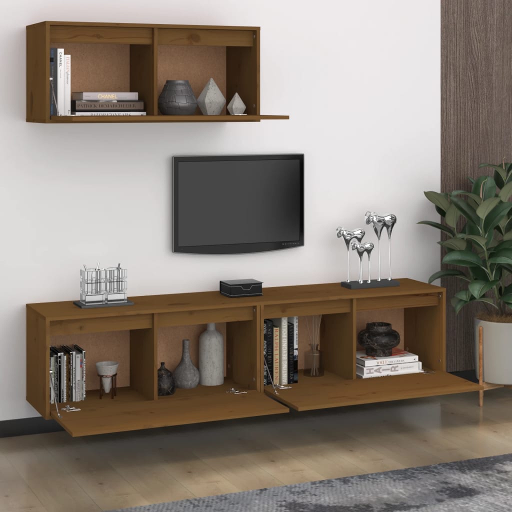 Meuble TV 3 pcs en bois de pin massif