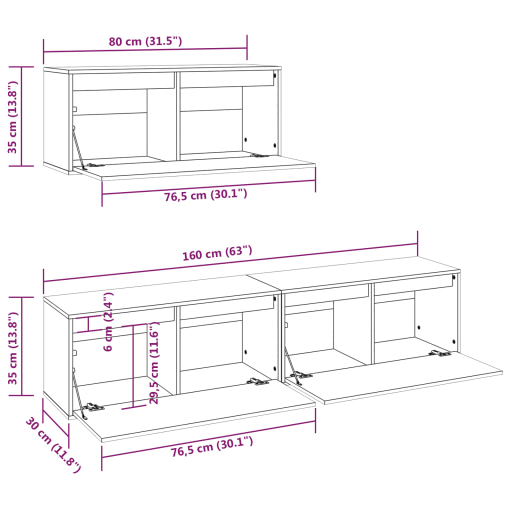 Meuble TV 3 pcs en bois de pin massif