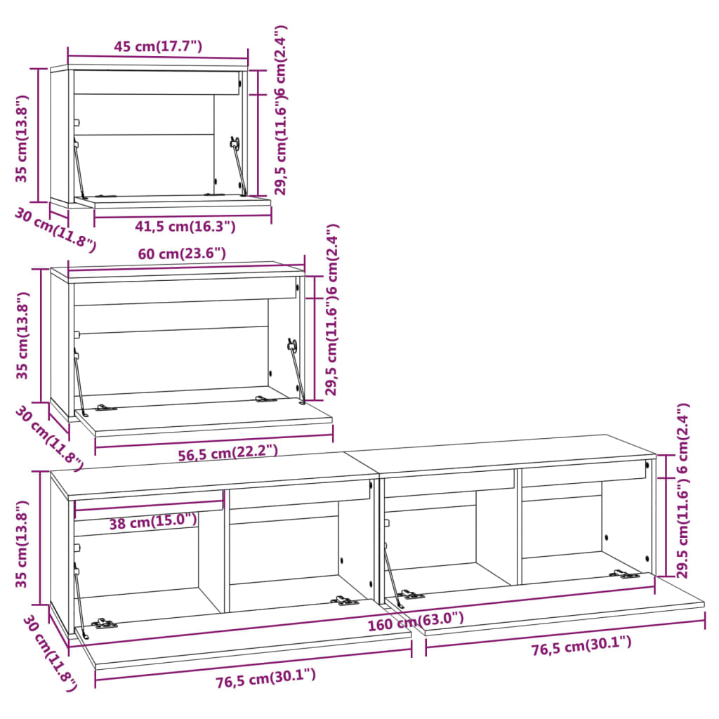 Meuble TV 4 pcs en bois de pin massif