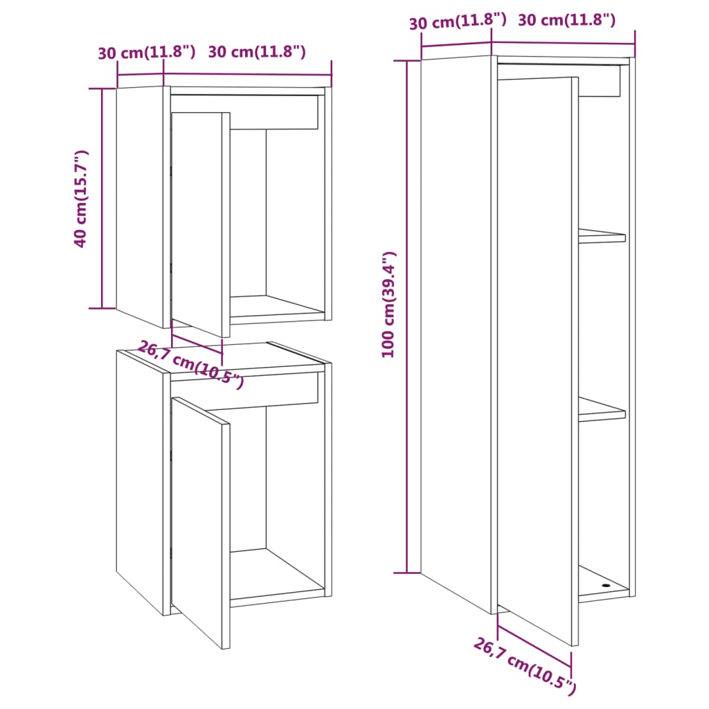 Meuble TV 3 pcs en bois de pin massif