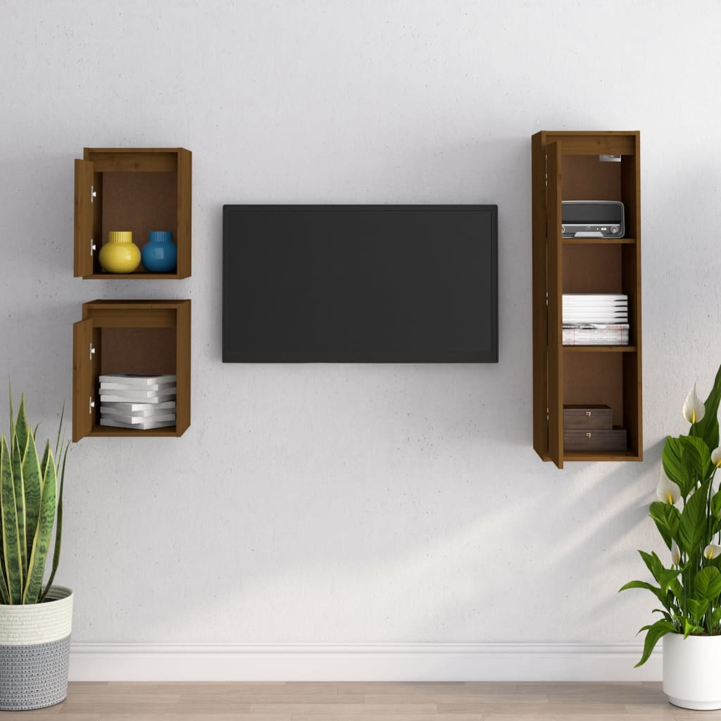 Meuble TV 3 pcs en bois de pin massif