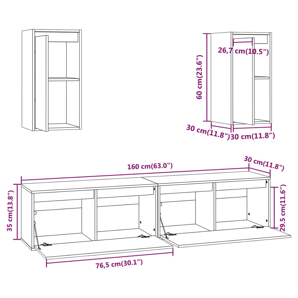 Meuble TV 4 pcs en bois de pin massif