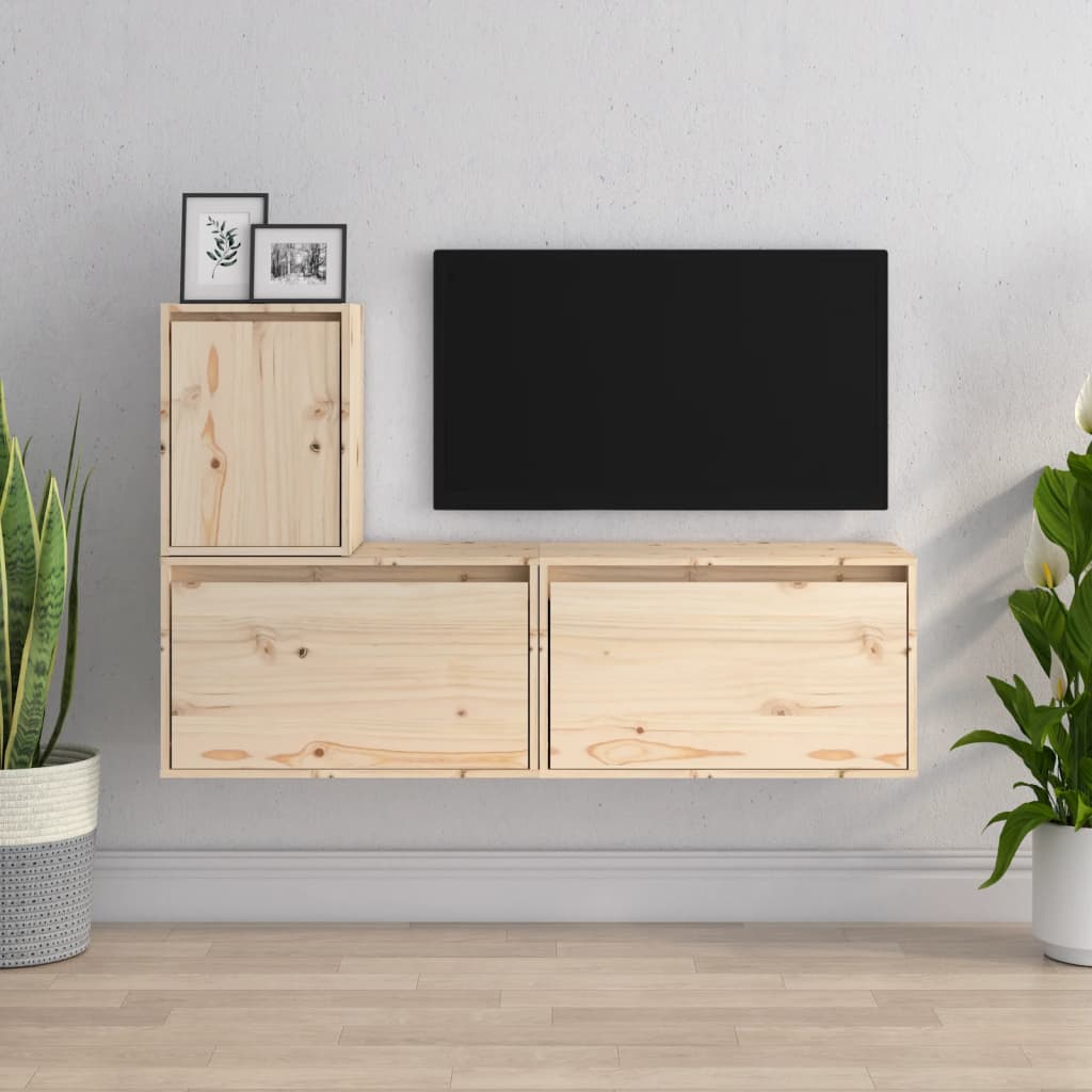 Meuble TV 3 pcs en bois de pin massif