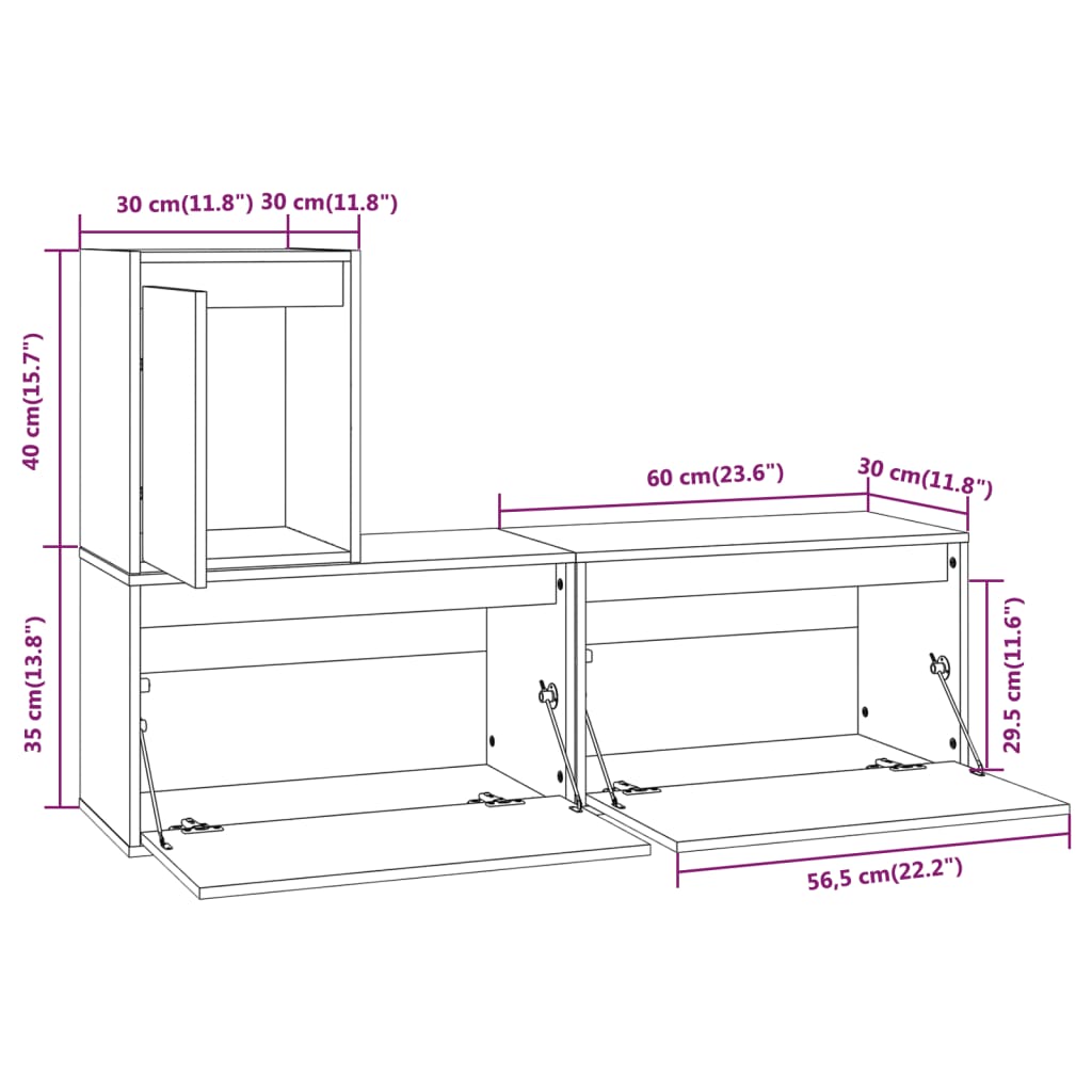 Meuble TV 3 pcs en bois de pin massif