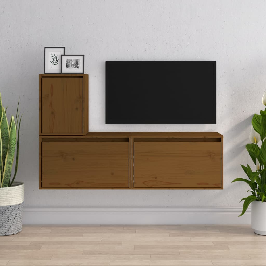 Meuble TV 3 pcs bois de pin massif gris