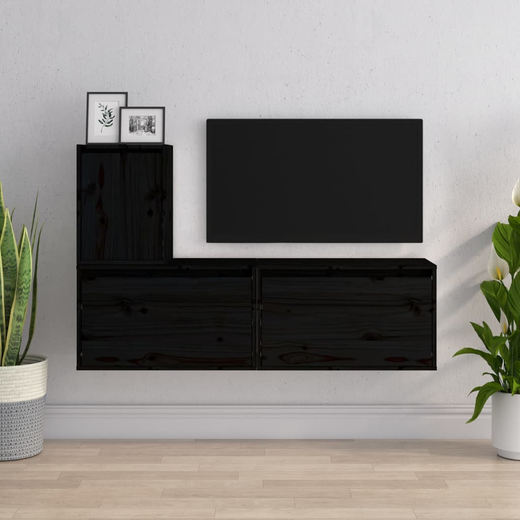 Meuble TV 3 pcs en bois de pin massif