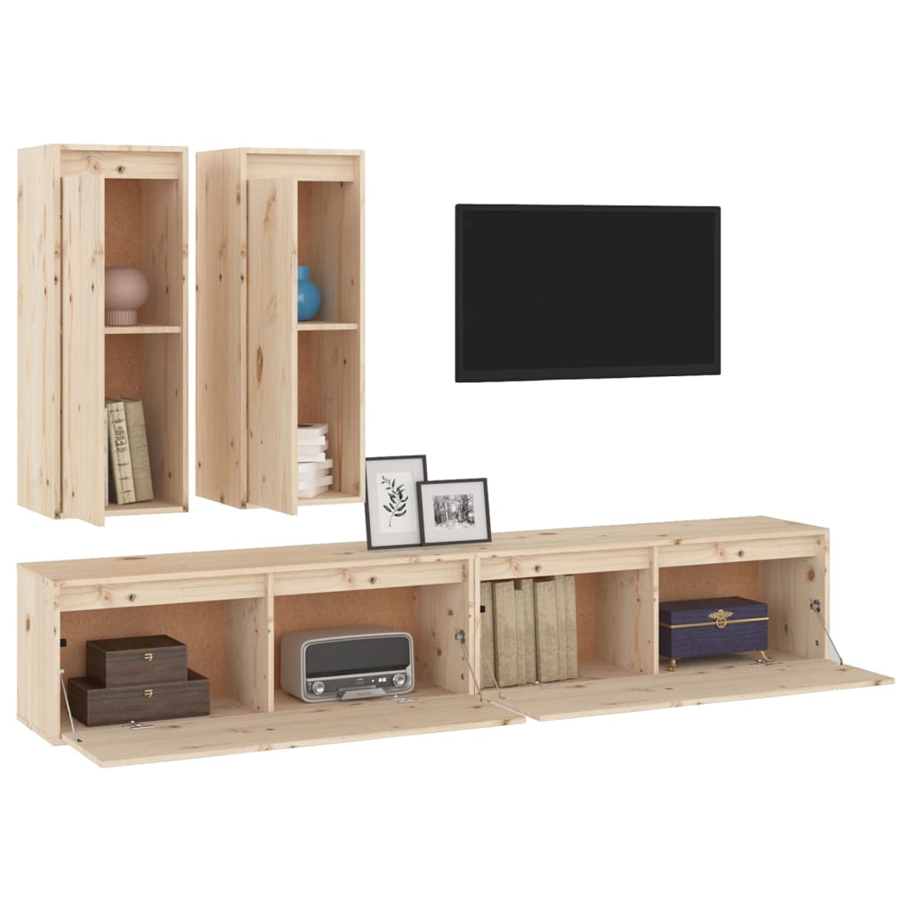 Meuble TV 4 pcs en bois de pin massif