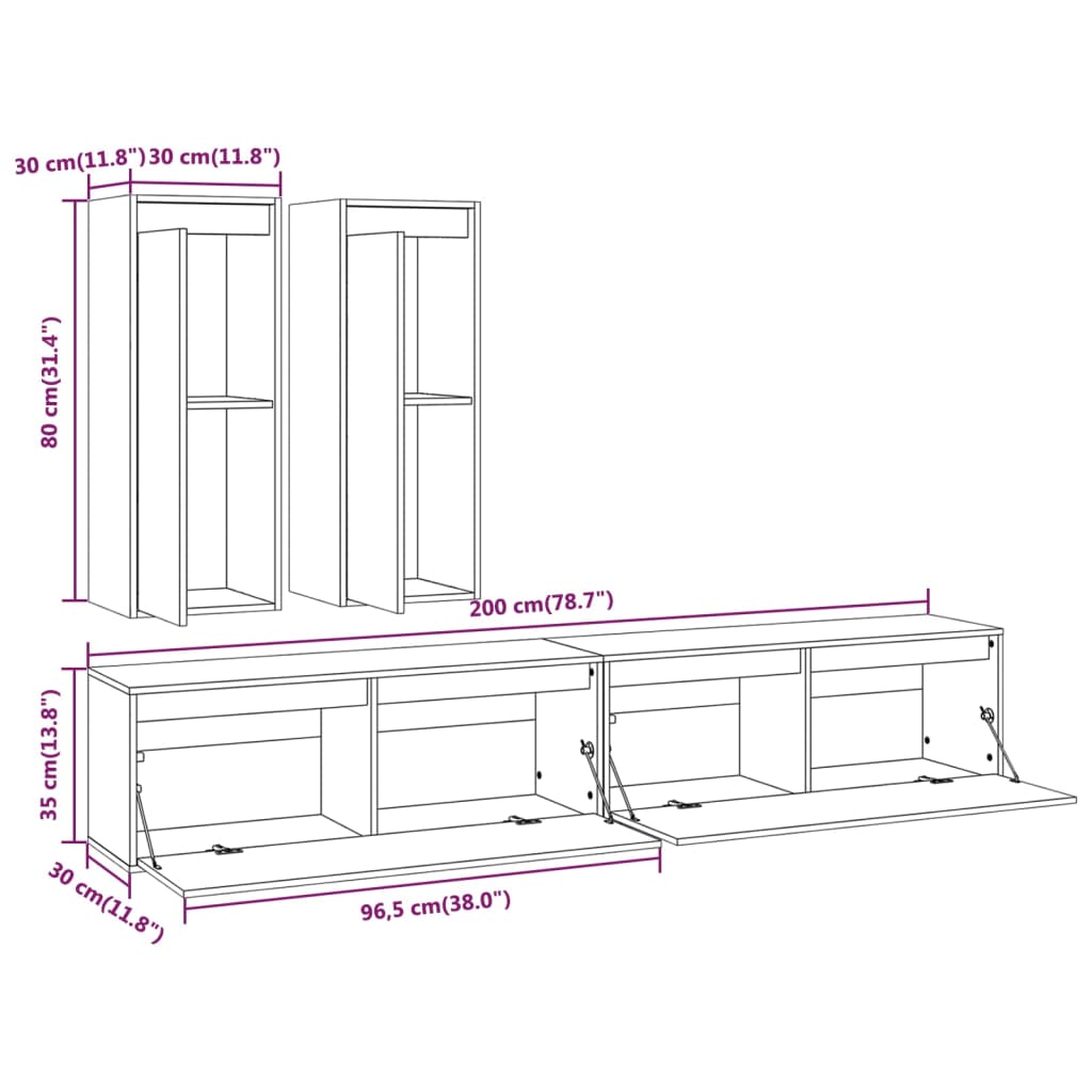 Meuble TV 4 pcs en bois de pin massif