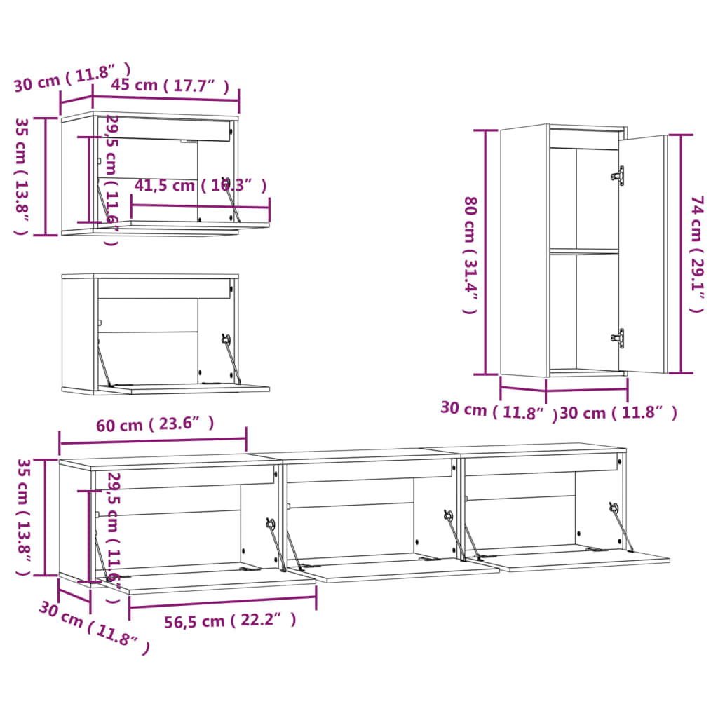 Meuble TV 6 pcs en bois de pin massif