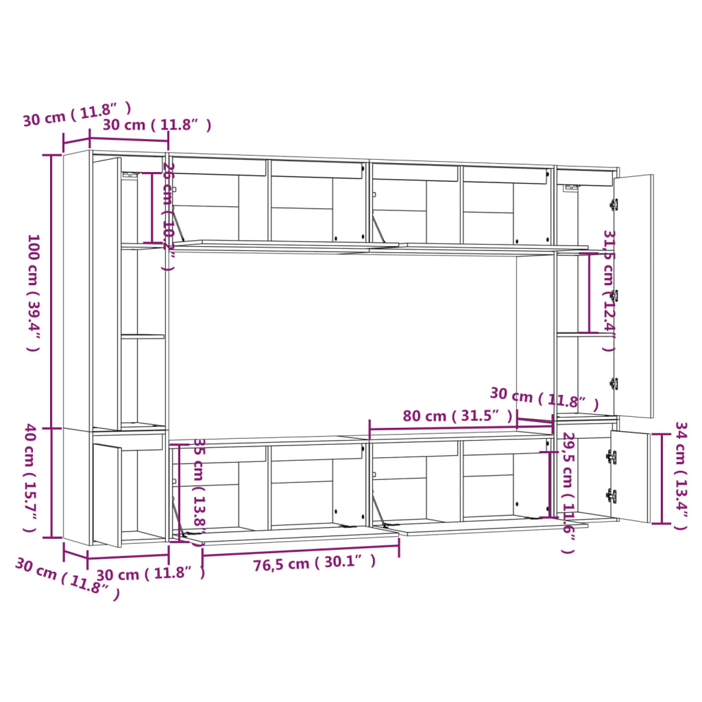 Meuble TV 8 pcs en bois de pin massif