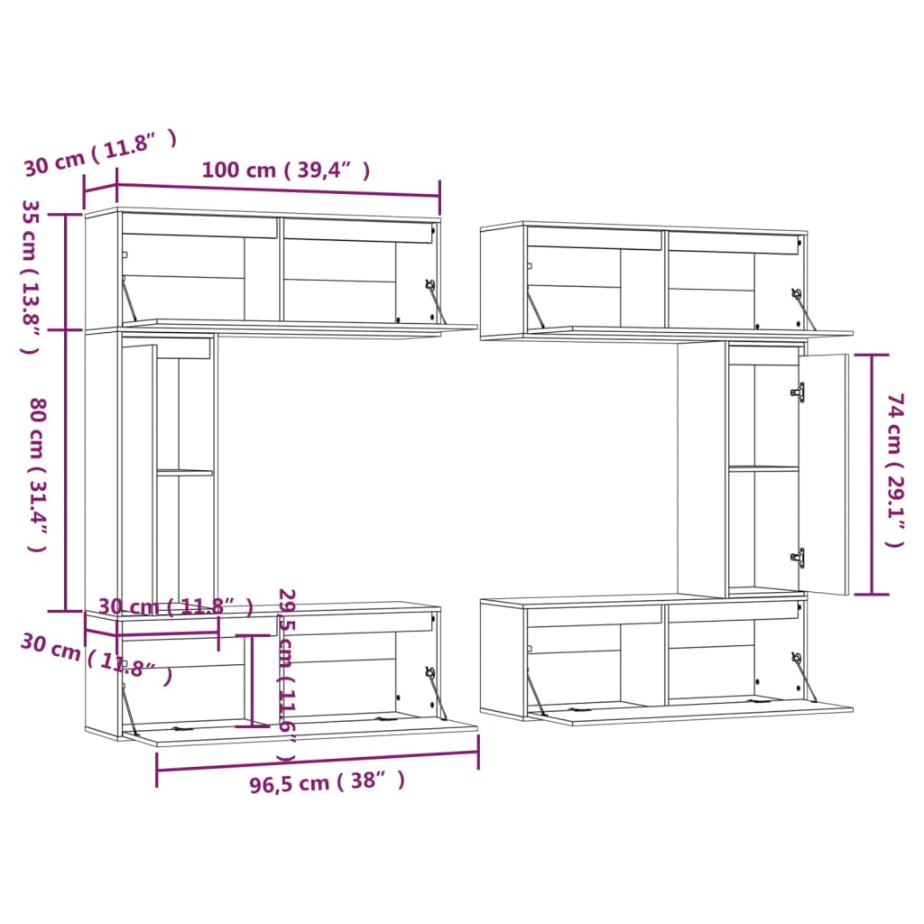 Meuble TV 6 pcs en bois de pin massif