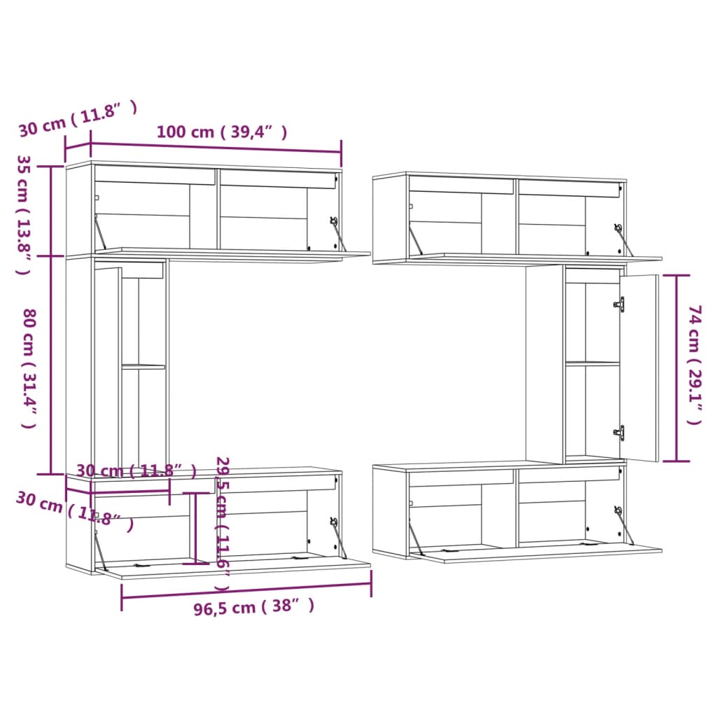 Meuble TV 6 pcs en bois de pin massif