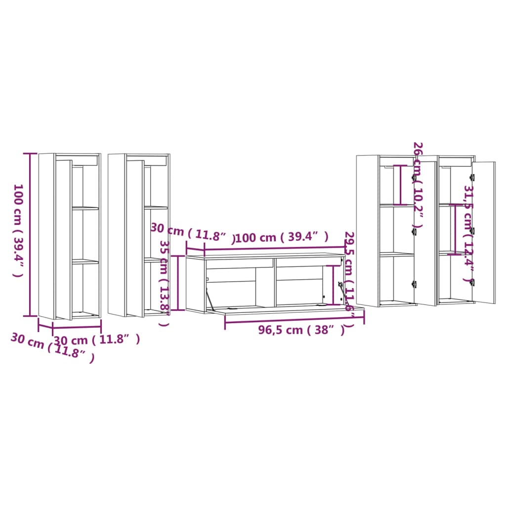 Meuble TV 5 pcs en bois de pin massif