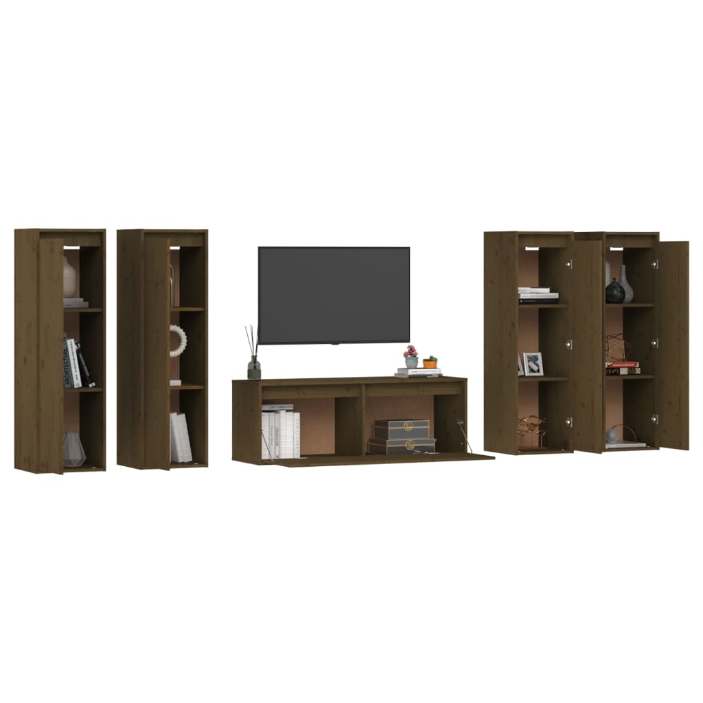 Meuble TV 5 pcs en bois de pin massif