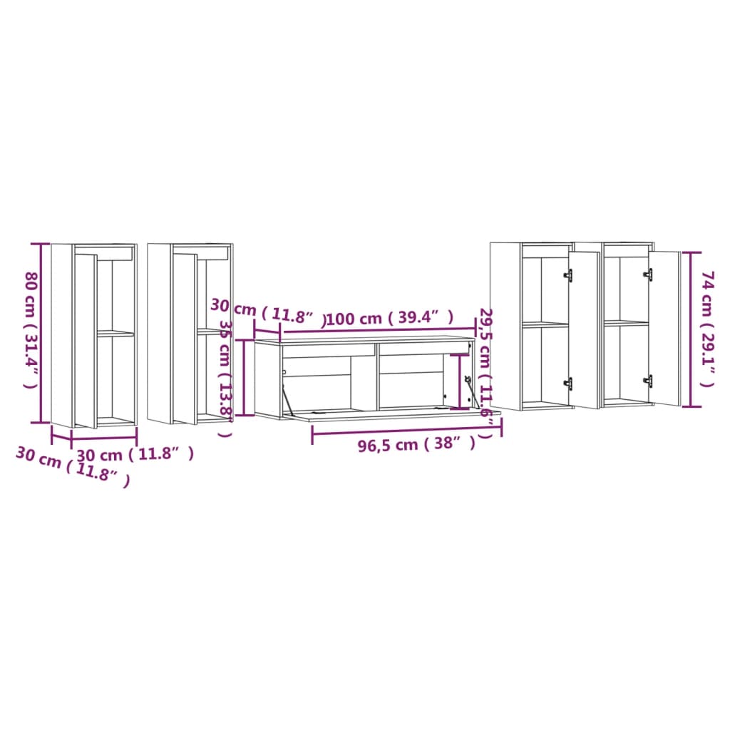 Meuble TV 5 pcs en bois de pin massif