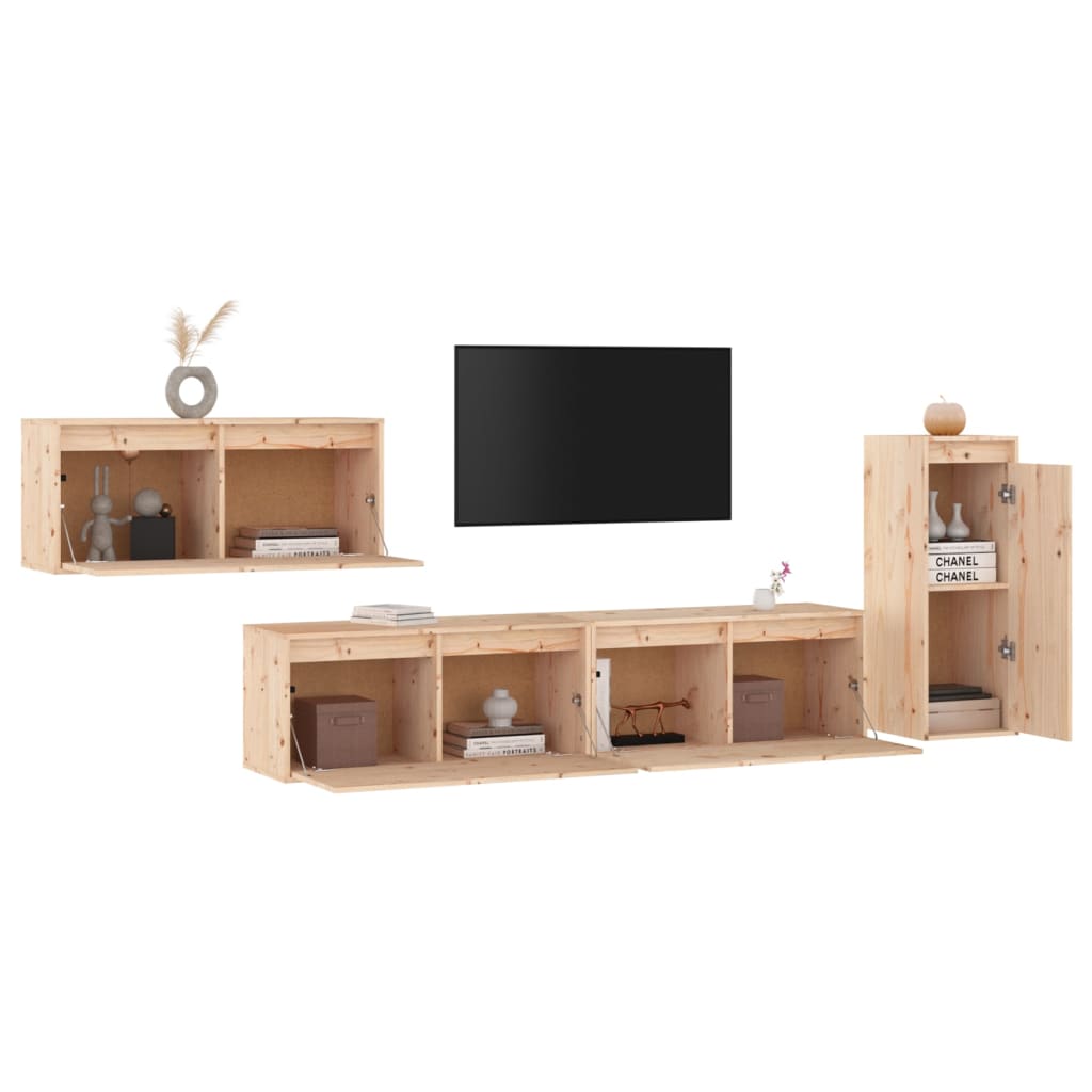 Meuble TV 4 pcs en bois de pin massif