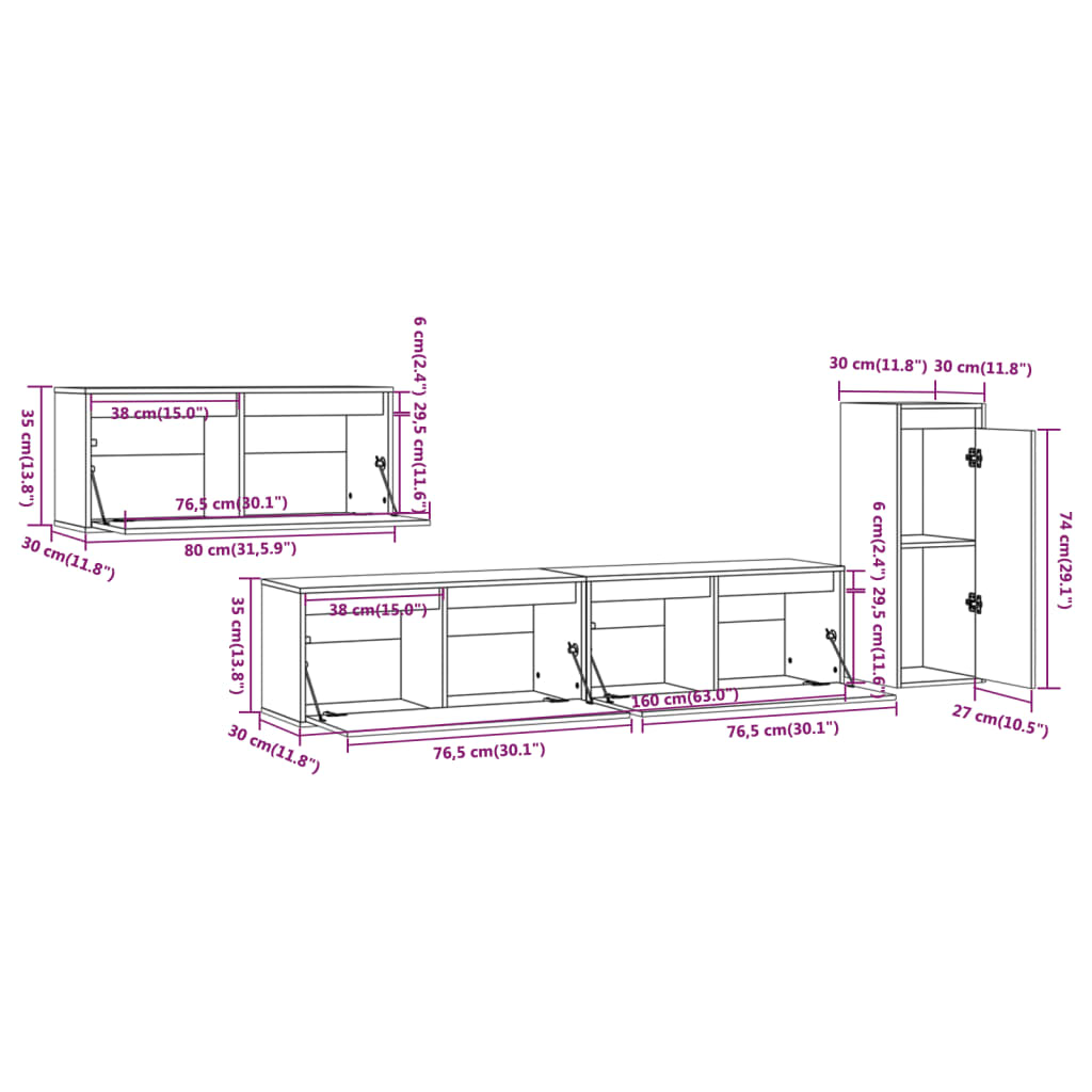 Meuble TV 4 pcs en bois de pin massif