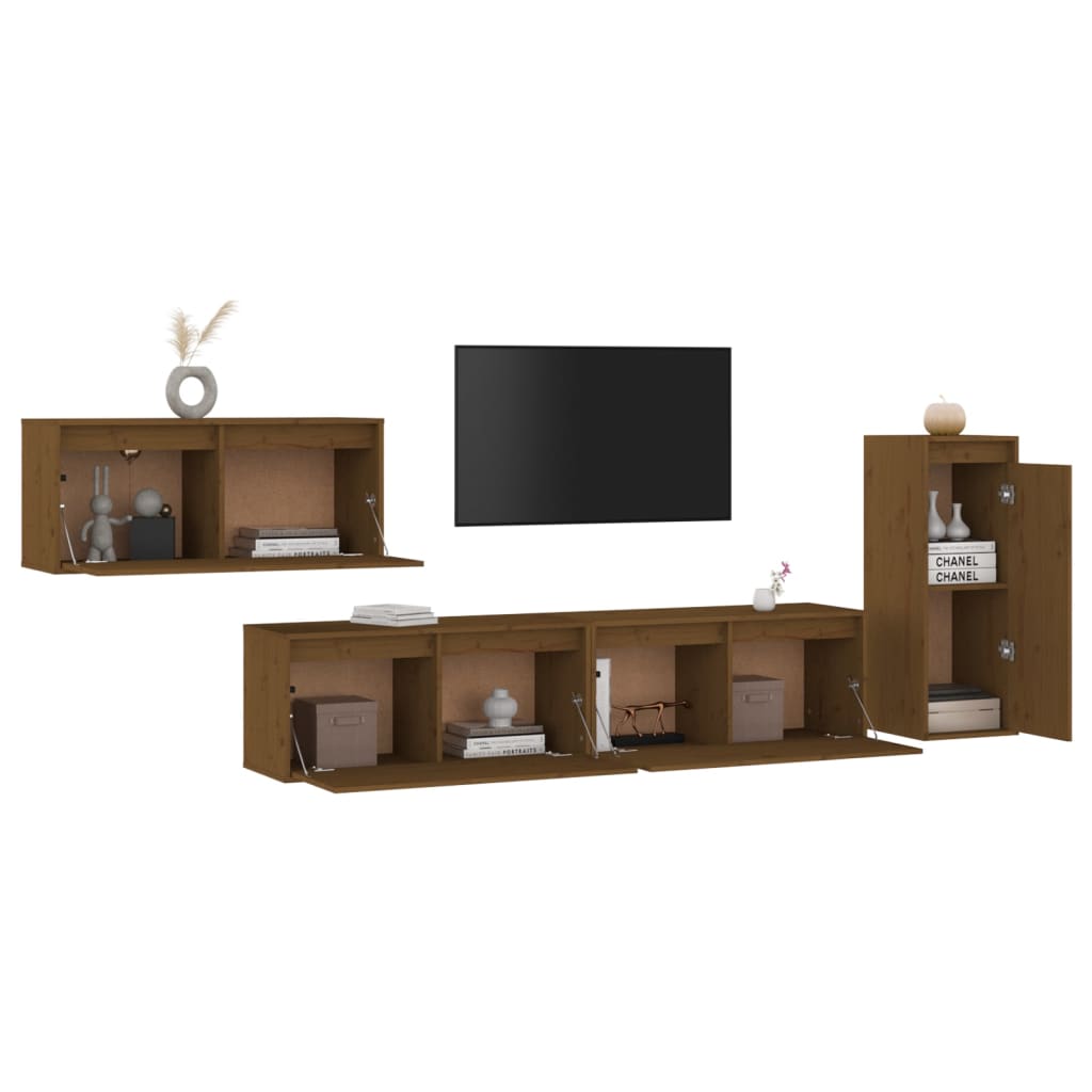 Meuble TV 4 pcs en bois de pin massif