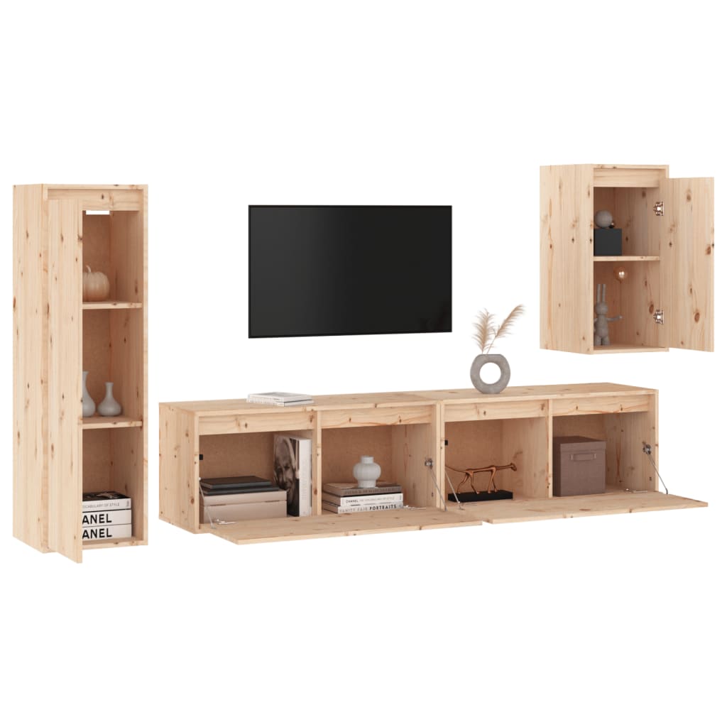 Meuble TV 4 pcs en bois de pin massif