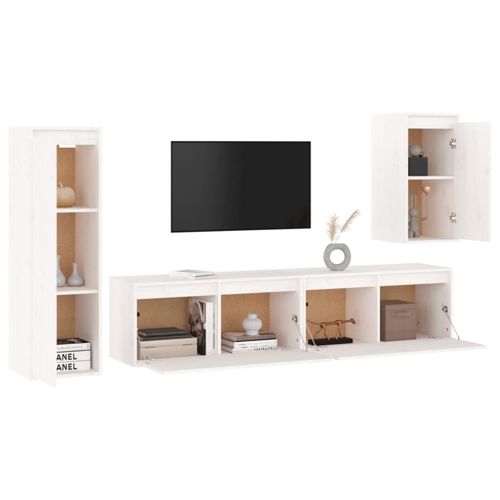 Meuble TV 4 pcs en bois de pin massif blanc