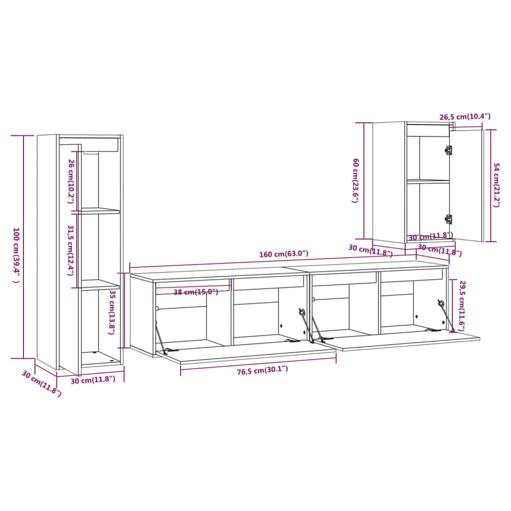 Meuble TV 4 pcs en bois de pin massif blanc