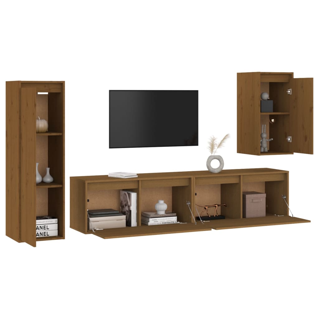 Meuble TV 4 pcs en bois de pin massif