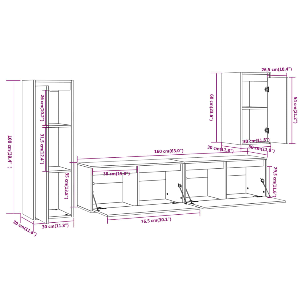 Meuble TV 4 pcs en bois de pin massif blanc