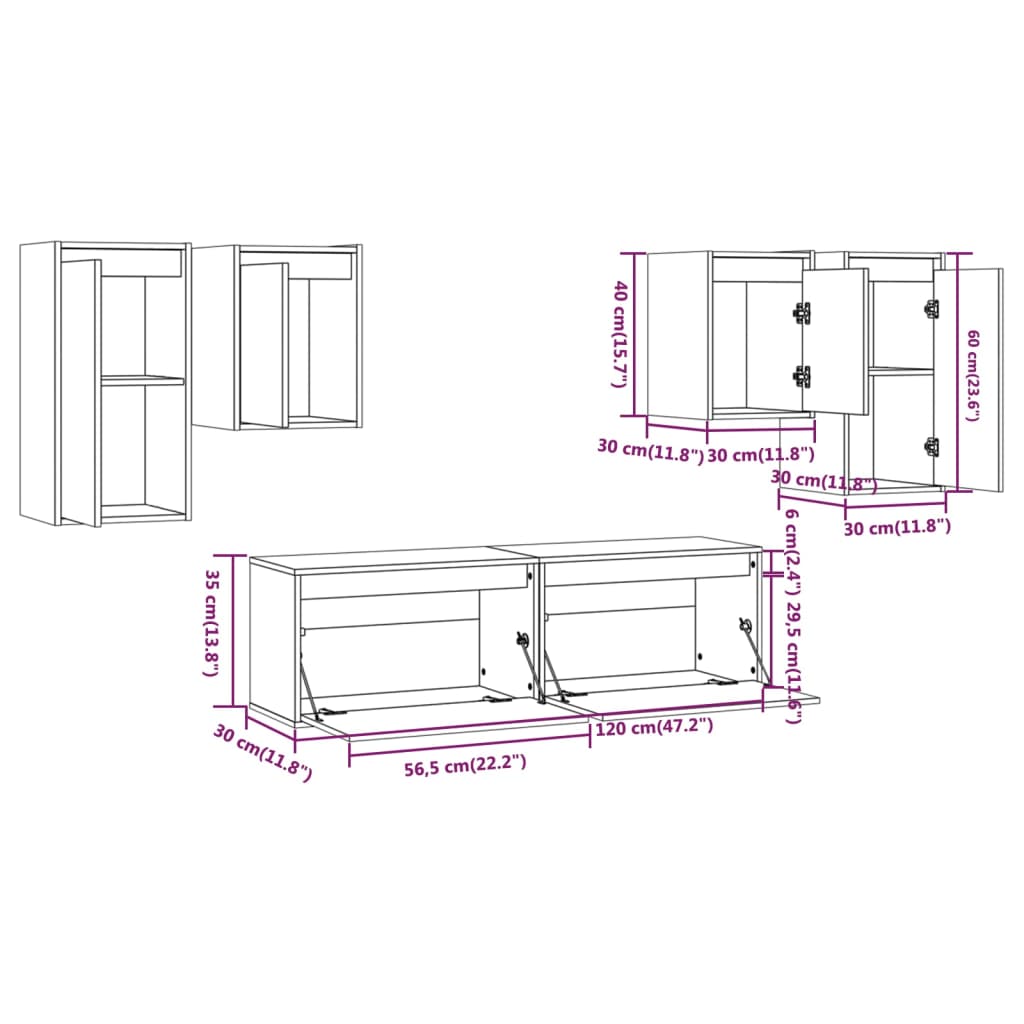 Meuble TV 6 pcs en bois de pin massif