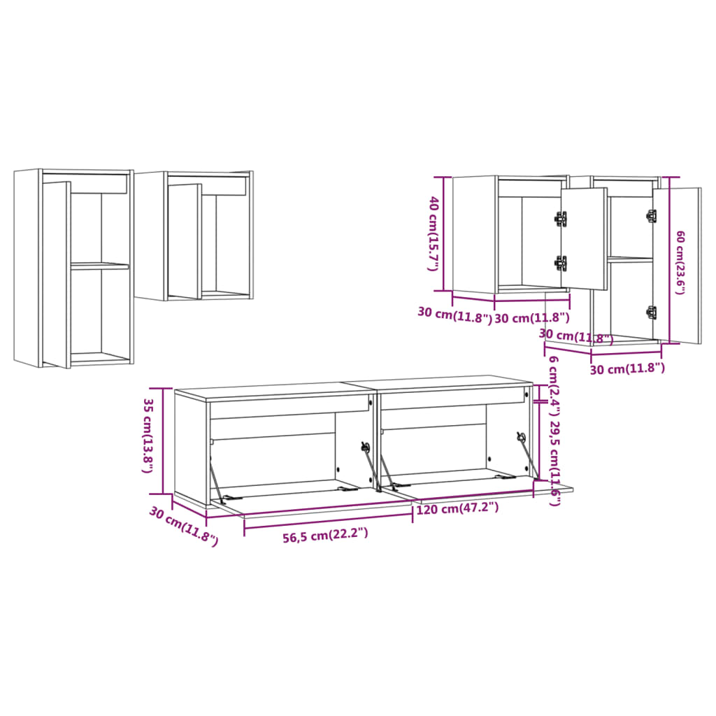 Meuble TV 6 pcs bois de pin massif gris