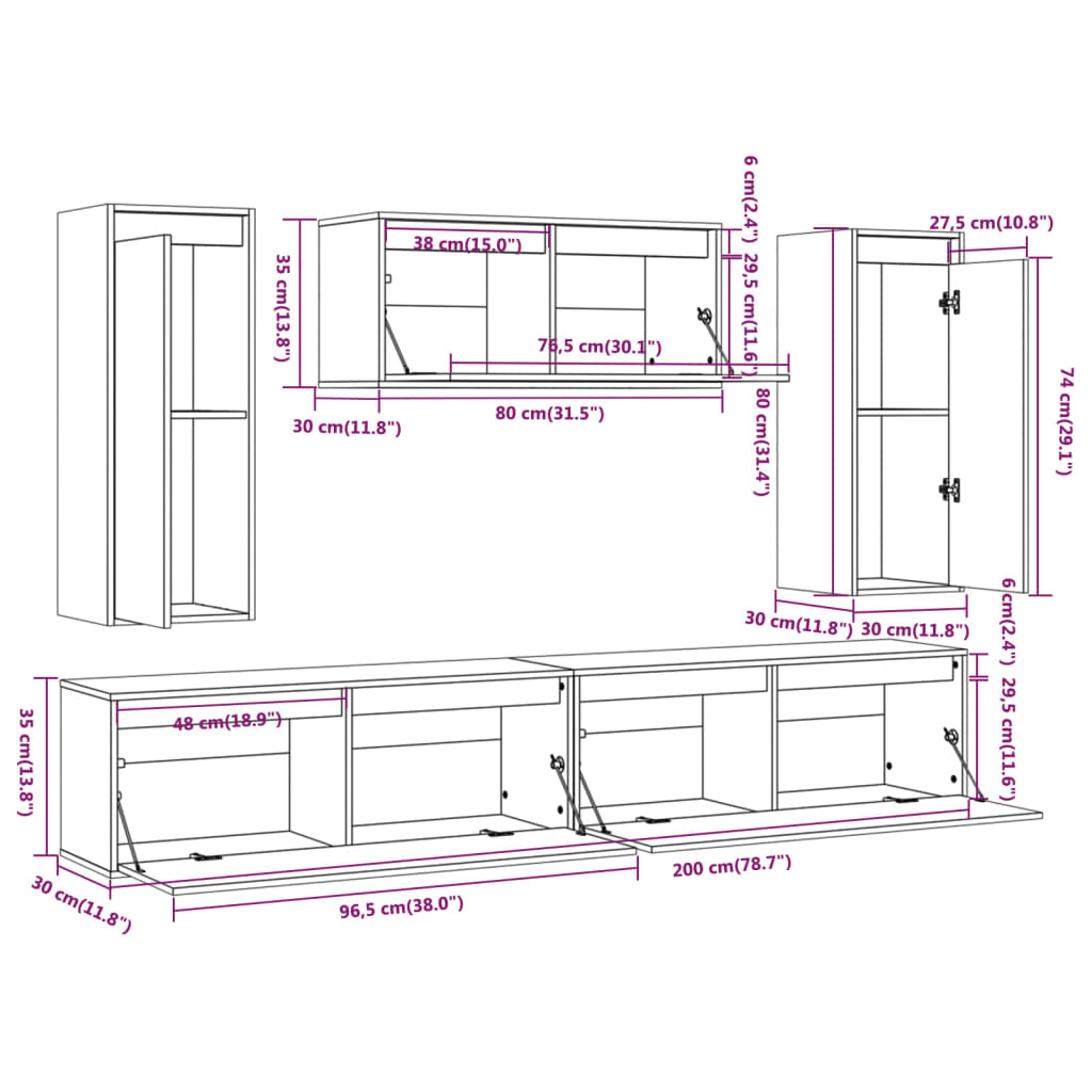 Meuble TV 5 pcs en bois de pin massif