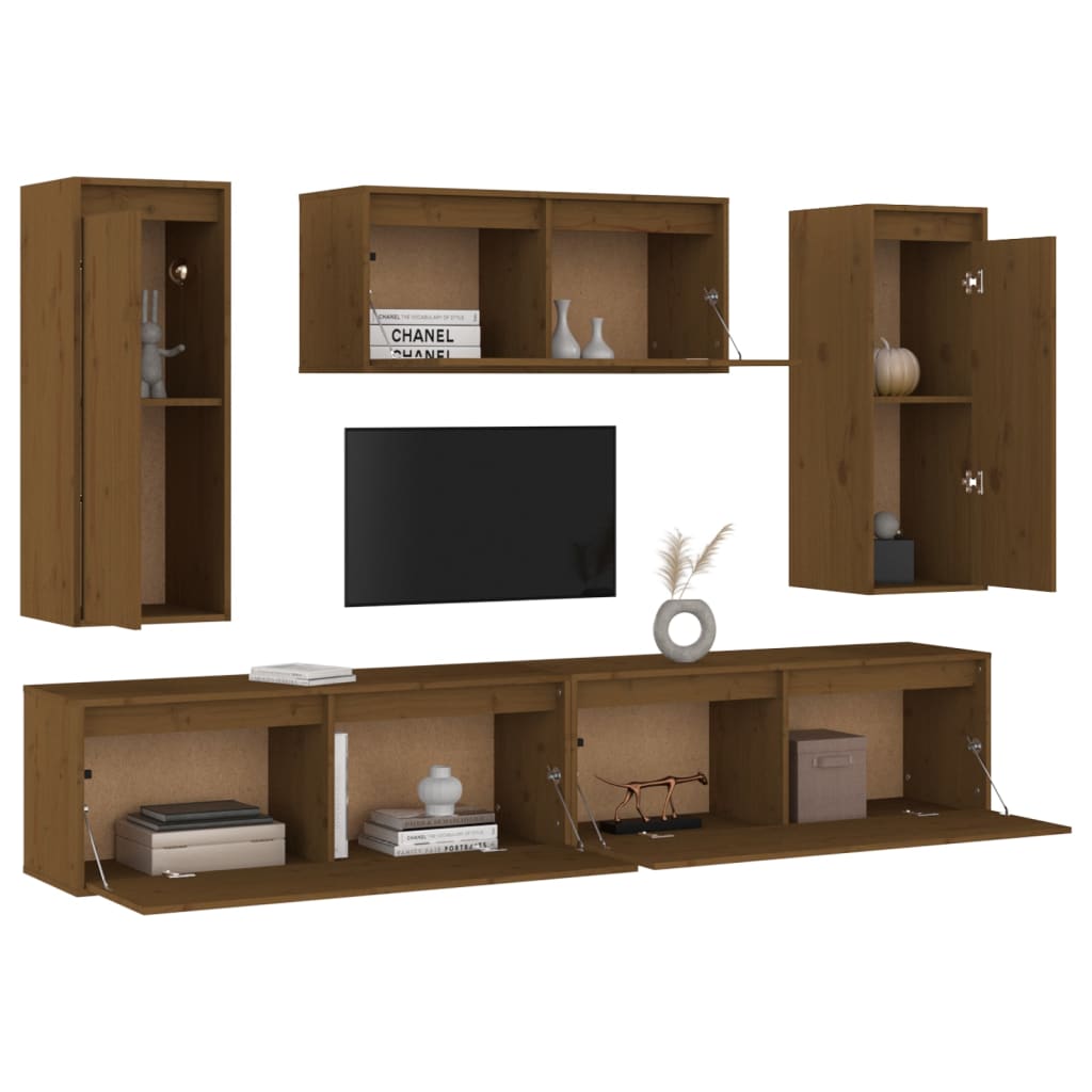 Meuble TV 5 pcs en bois de pin massif