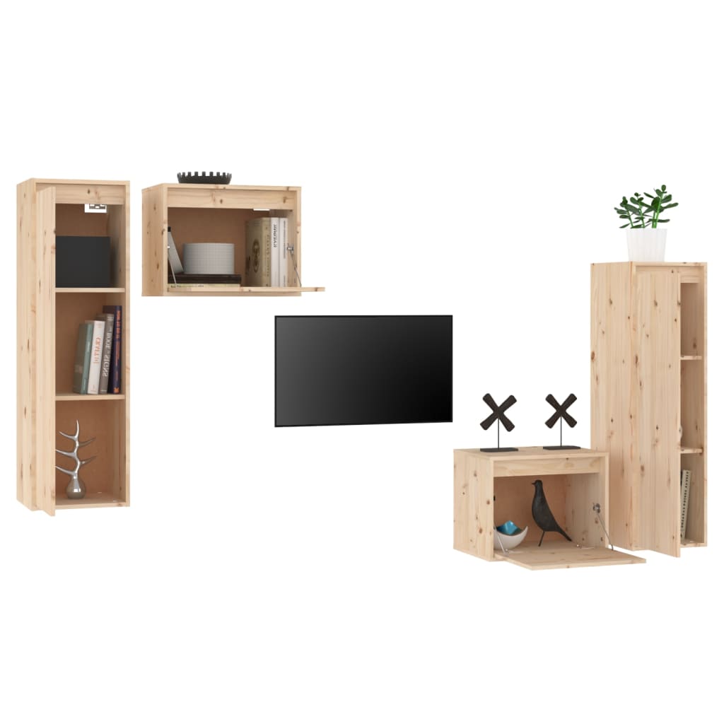 Meuble TV 4 pcs en bois de pin massif