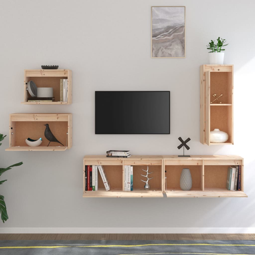 Meuble TV 5 pcs en bois de pin massif