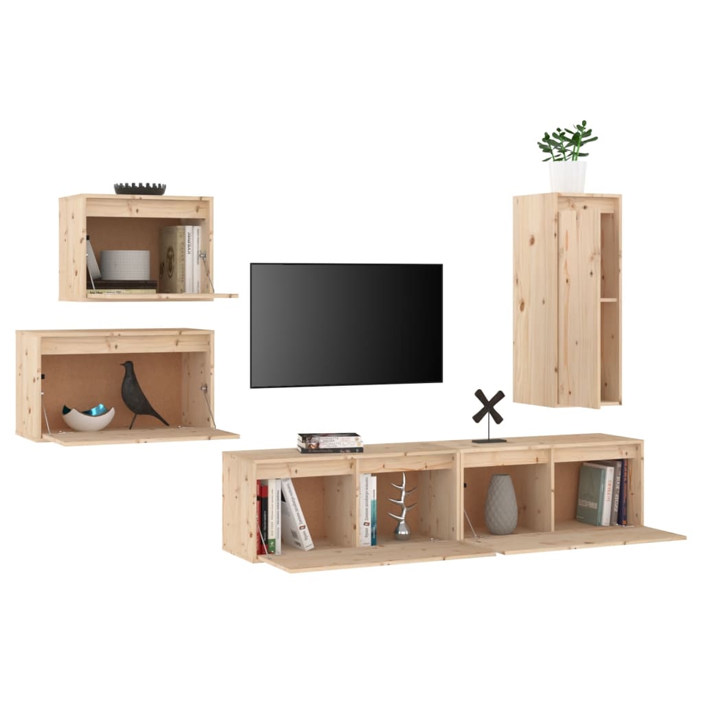 Meuble TV 5 pcs en bois de pin massif