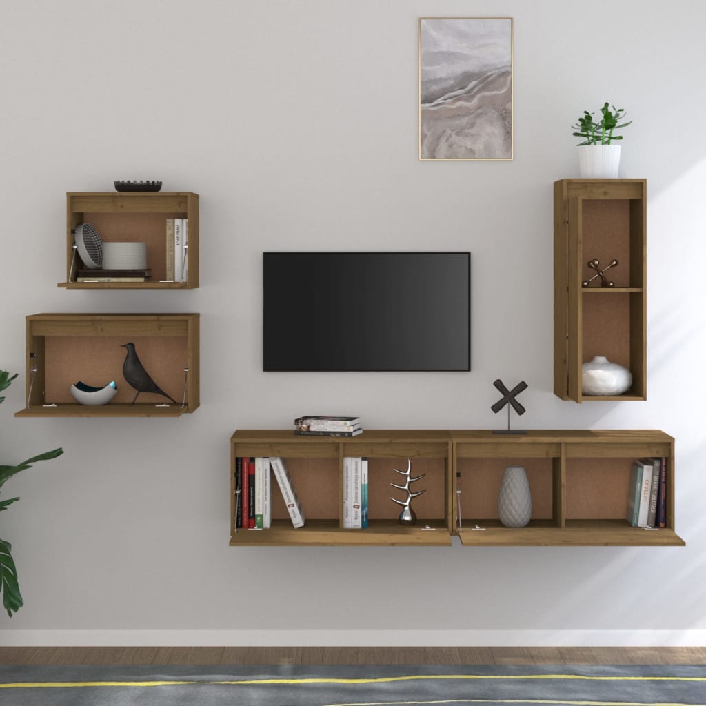 Meuble TV 5 pcs en bois de pin massif