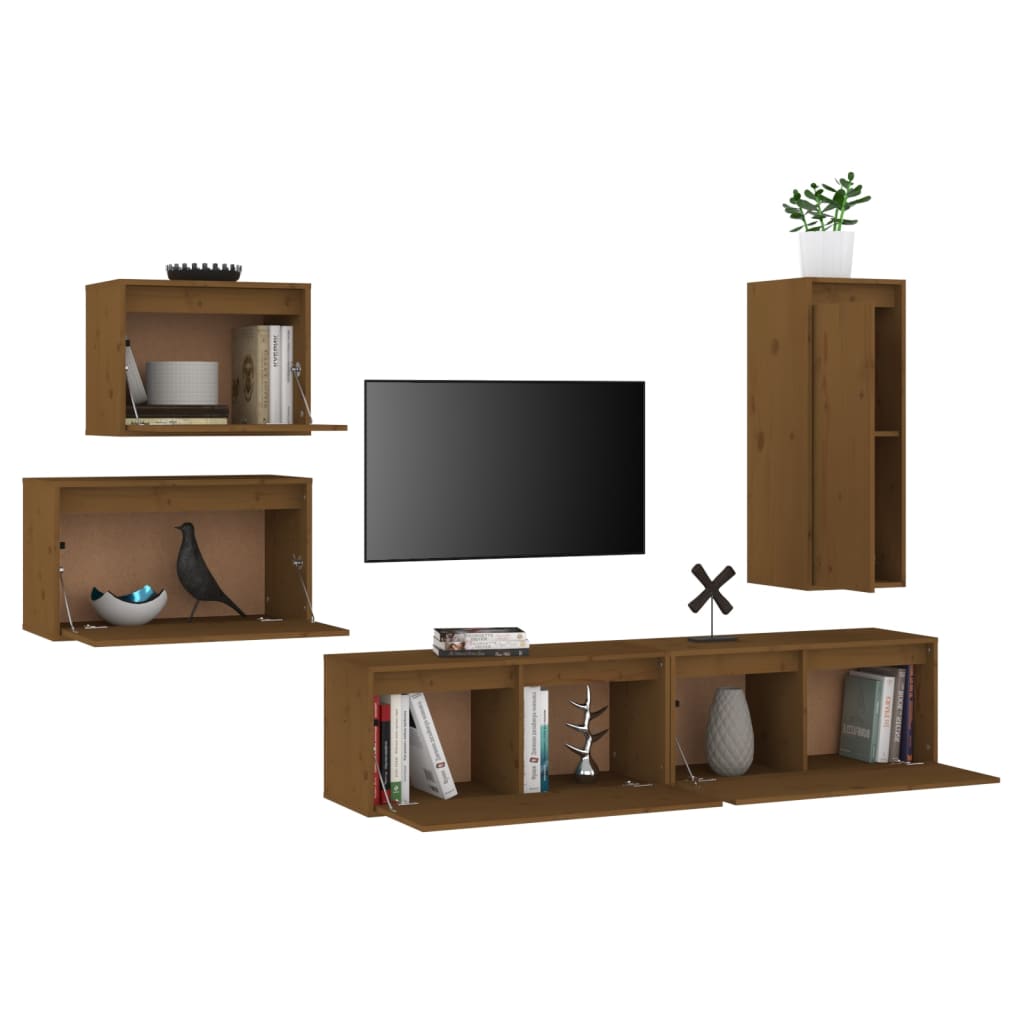 Meuble TV 5 pcs en bois de pin massif