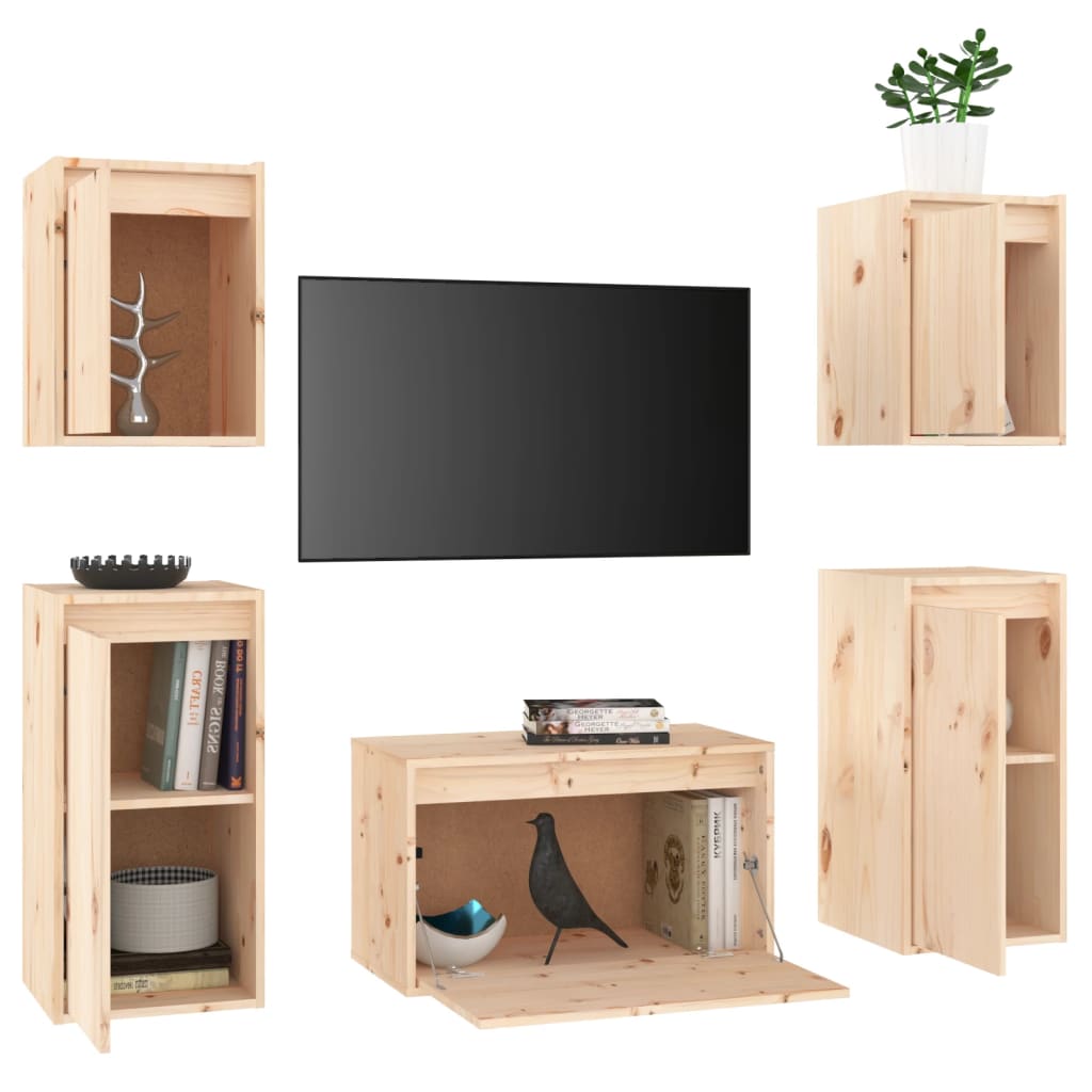 Meuble TV 5 pcs en bois de pin massif