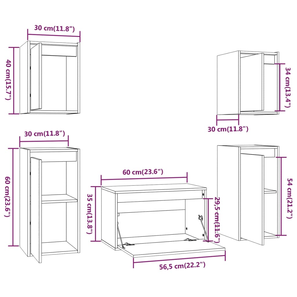 Meuble TV 5 pcs en bois de pin massif