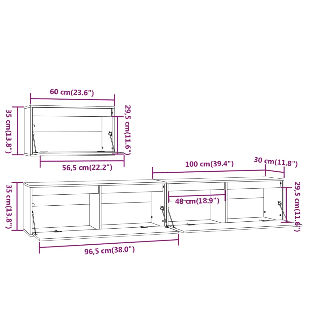 Meuble TV 3 pcs en bois de pin massif